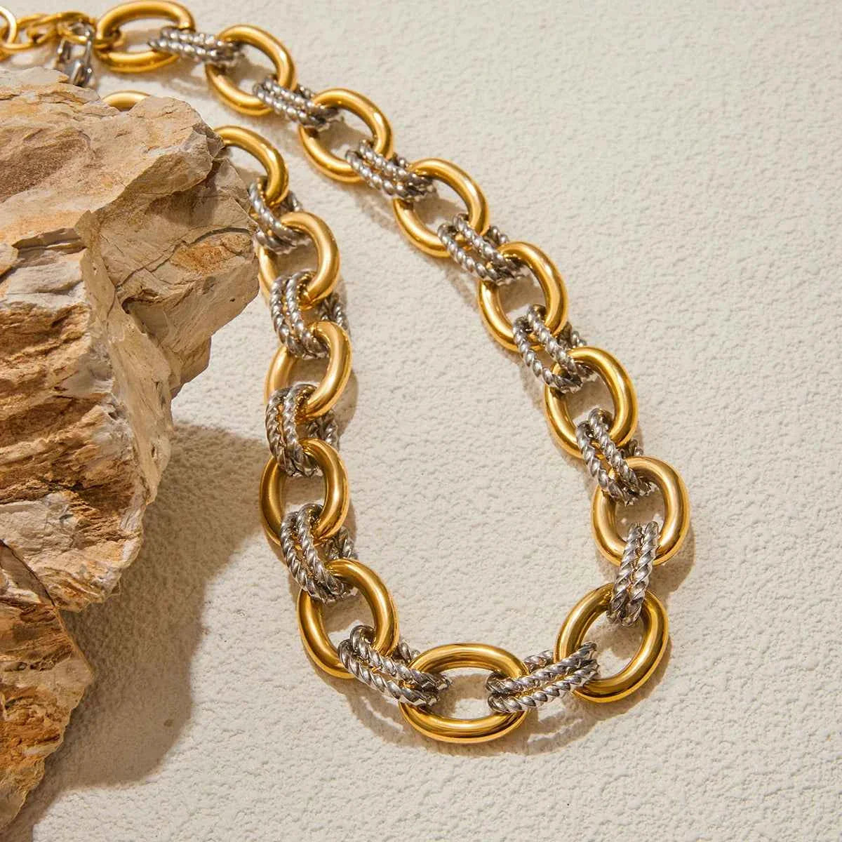 Stainless Steel Double Color Oval Smooth Fried Dough Twists Necklace