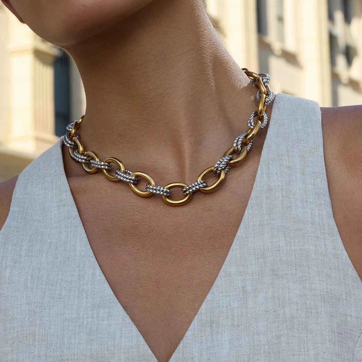 Stainless Steel Double Color Oval Smooth Fried Dough Twists Necklace