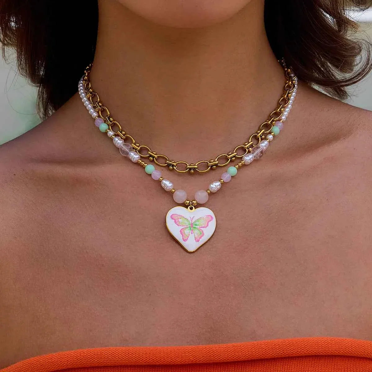 Stainless Steel Drop Oil Butterfly Print Pendant Necklace