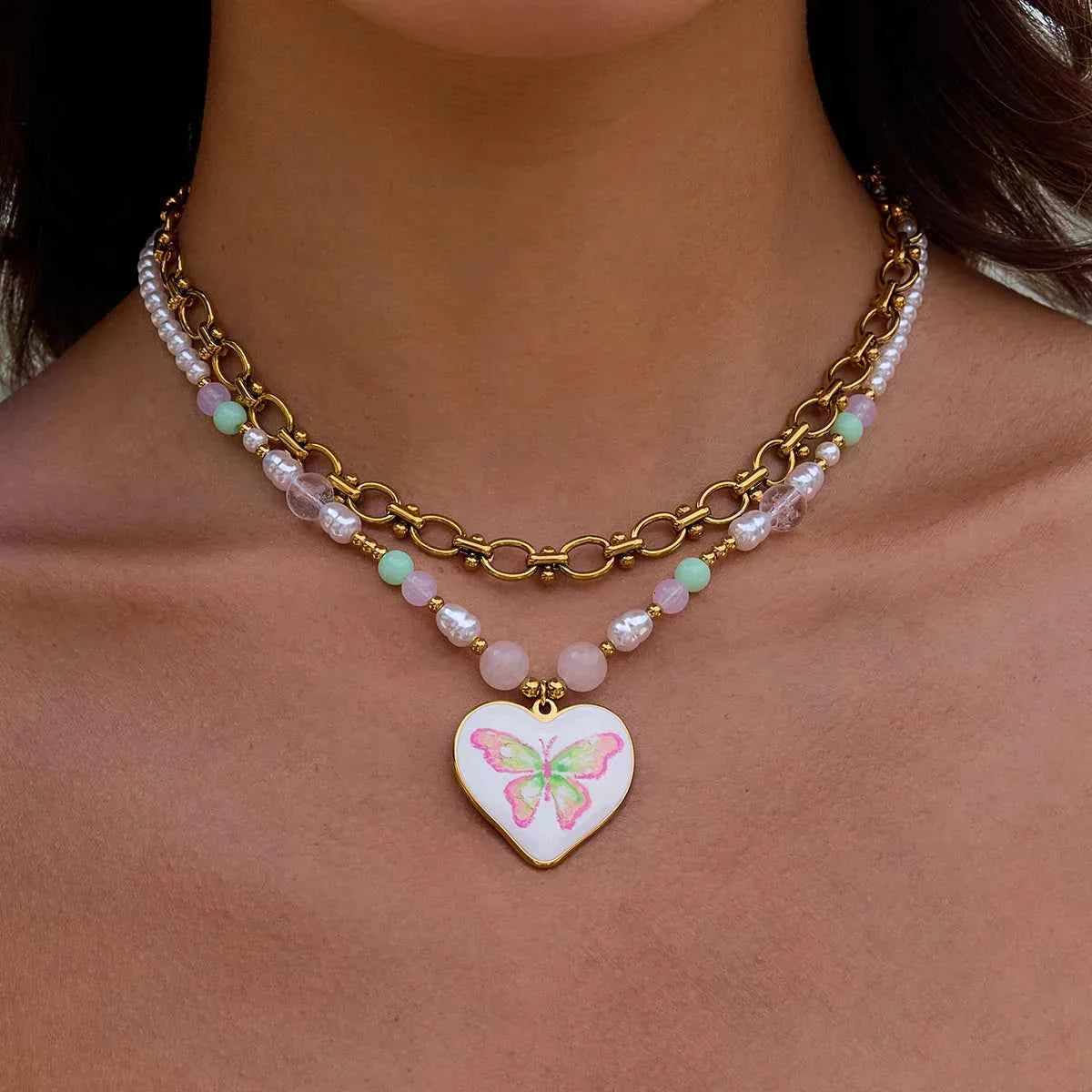 Stainless Steel Drop Oil Butterfly Print Pendant Necklace