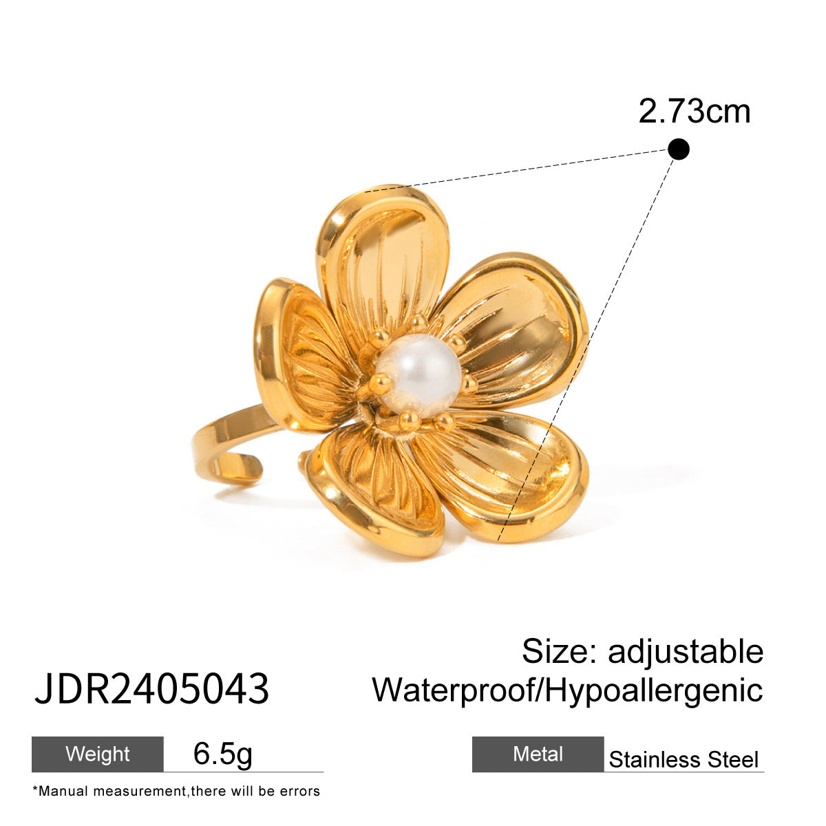 Stainless Steel Flower Pearl Ring - JDR2405043 - electronic accessories
