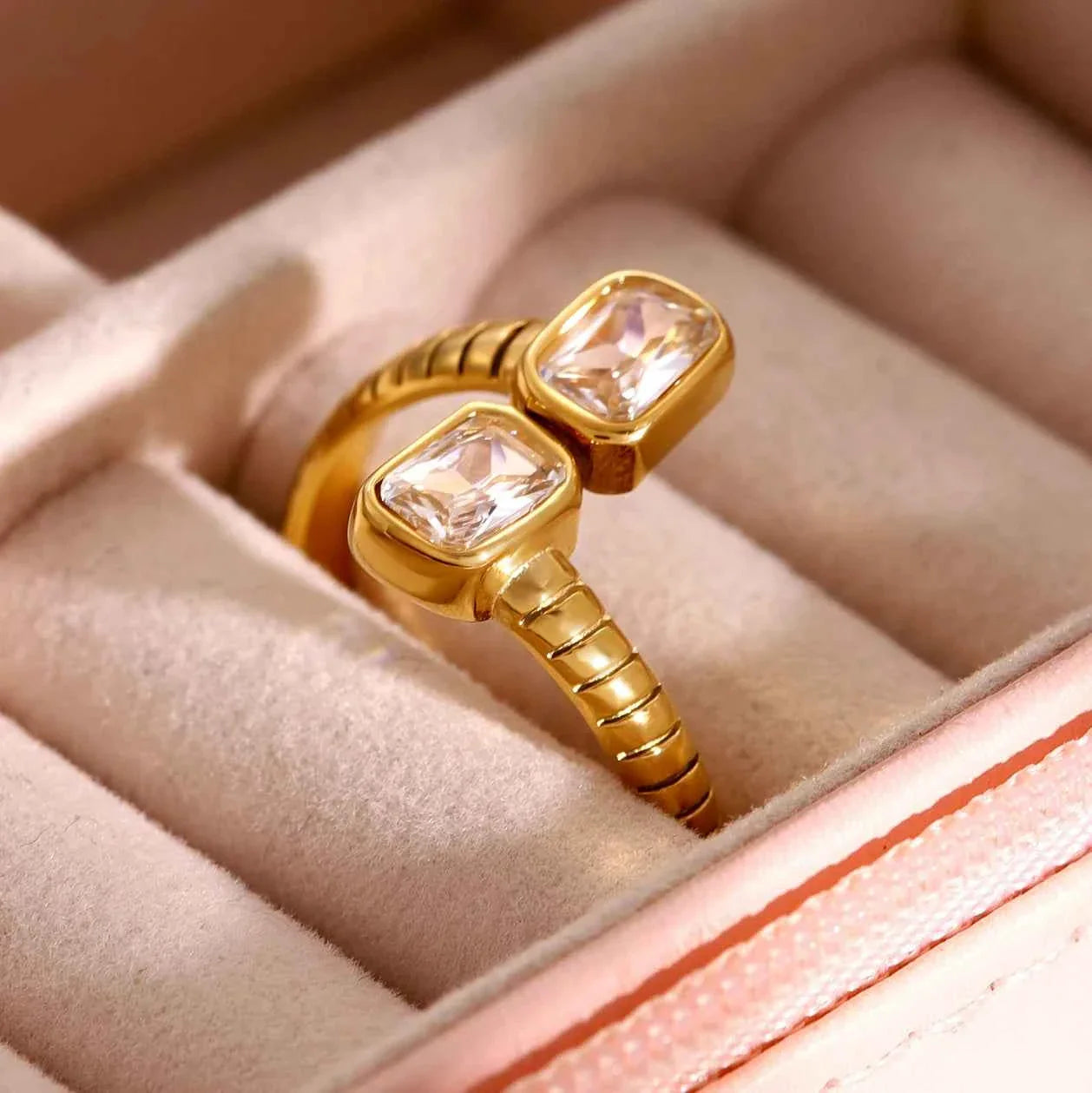 Stainless Steel Geometric Threaded Zirconia Open Ring for Women