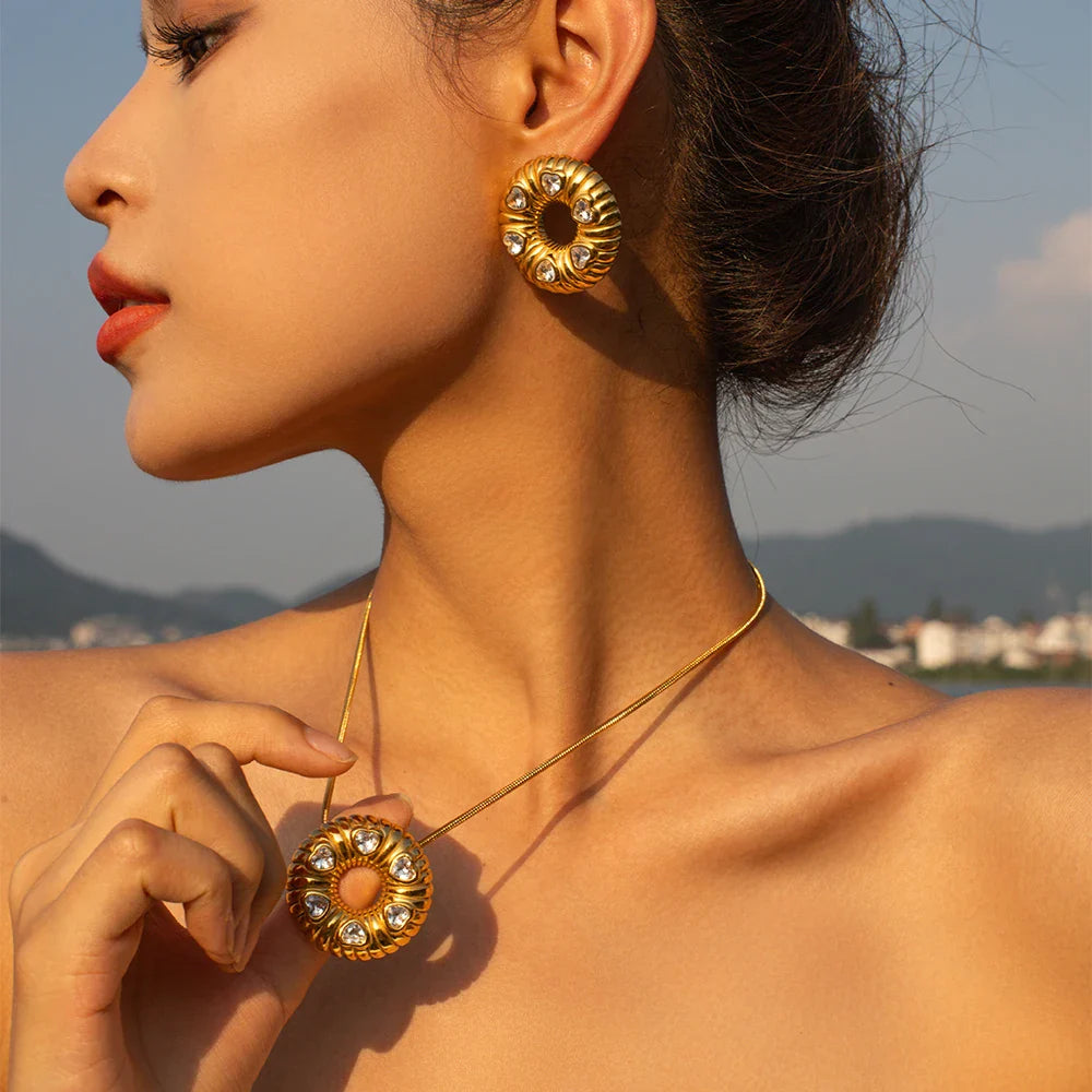 Stainless Steel Inlaid Black Zircon Bread Pattern O-shaped Earrings - JDE2309067-BK