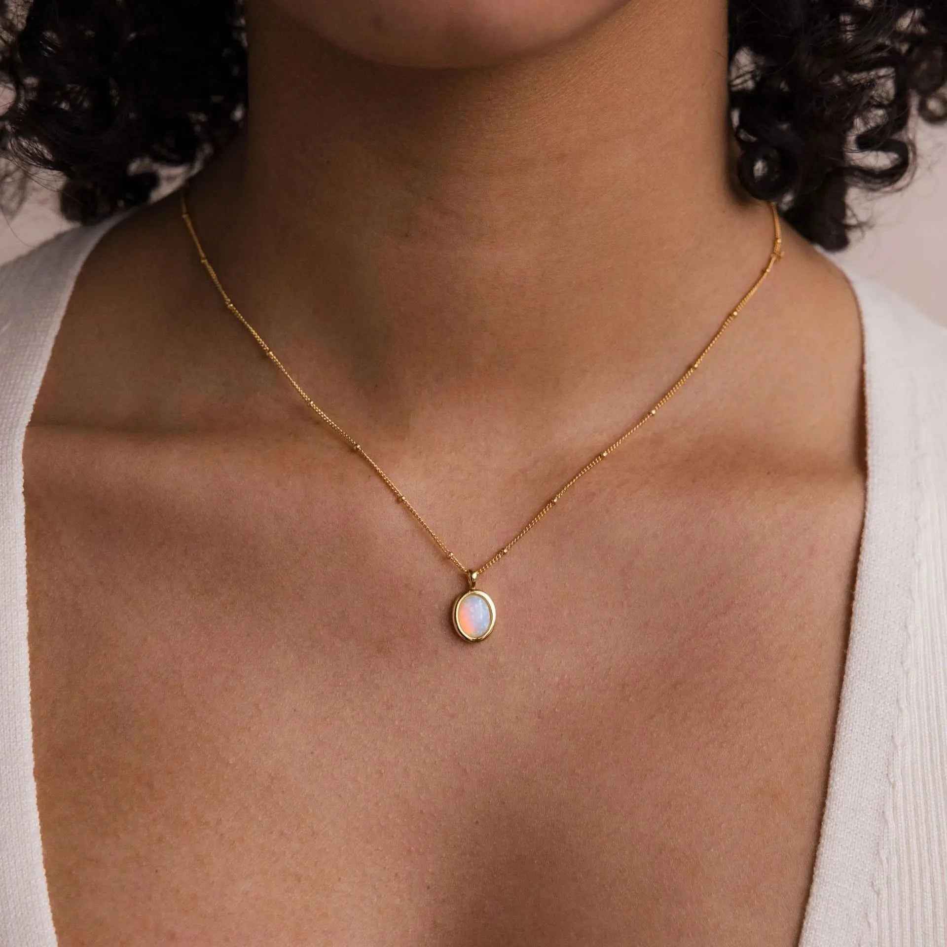 Stainless Steel Inlaid Opal Pendant Plated 18K Gold Necklace - electronic accessories