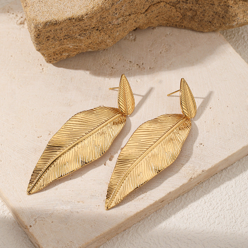 Stainless Steel Leaf Pendant Metal Texture Earrings - Gold - electronic accessories