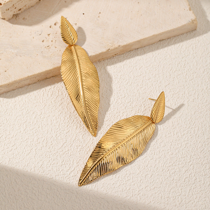 Stainless Steel Leaf Pendant Metal Texture Earrings - Gold - electronic accessories