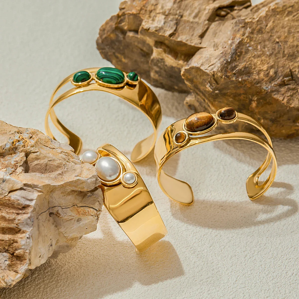 Stainless Steel Natural Stone Tiger Eye Smooth Hollow Bracelet