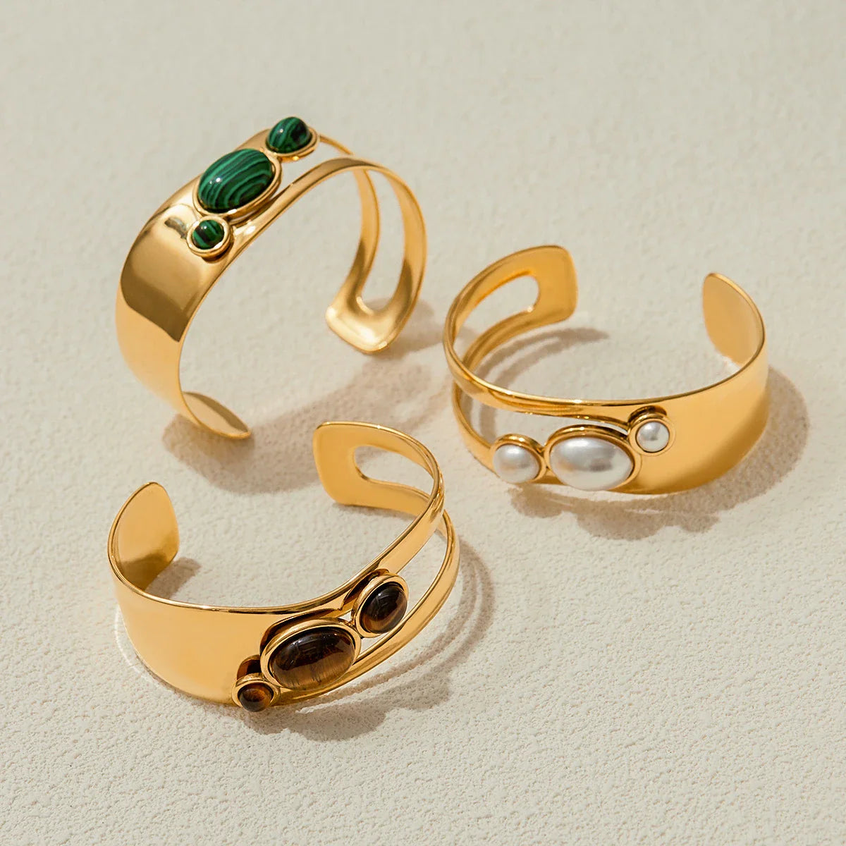 Stainless Steel Natural Stone Tiger Eye Smooth Hollow Bracelet