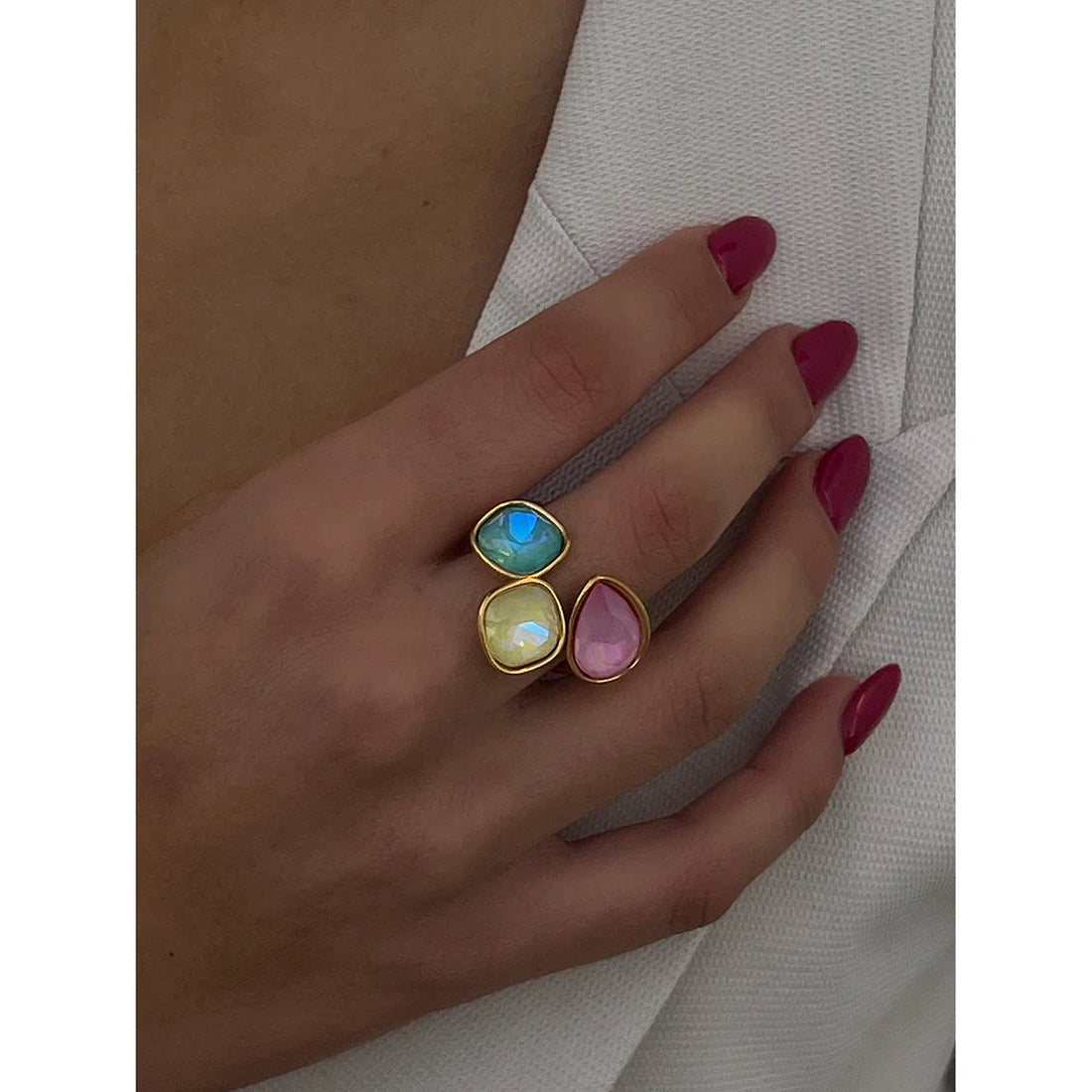 Stainless Steel Pink Green Yellow Cubic Zirconia Adjustable Open Ring