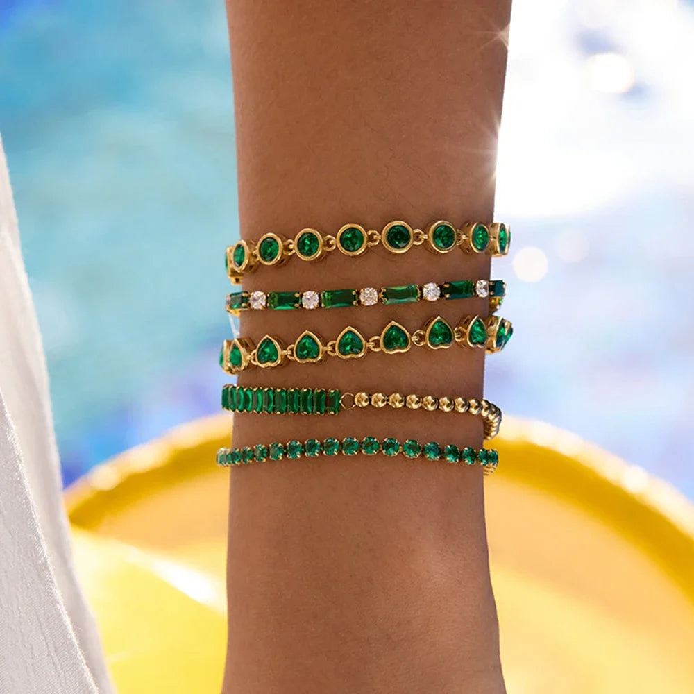 Stainless Steel Rectangular Green Zirconia Chain Bracelet