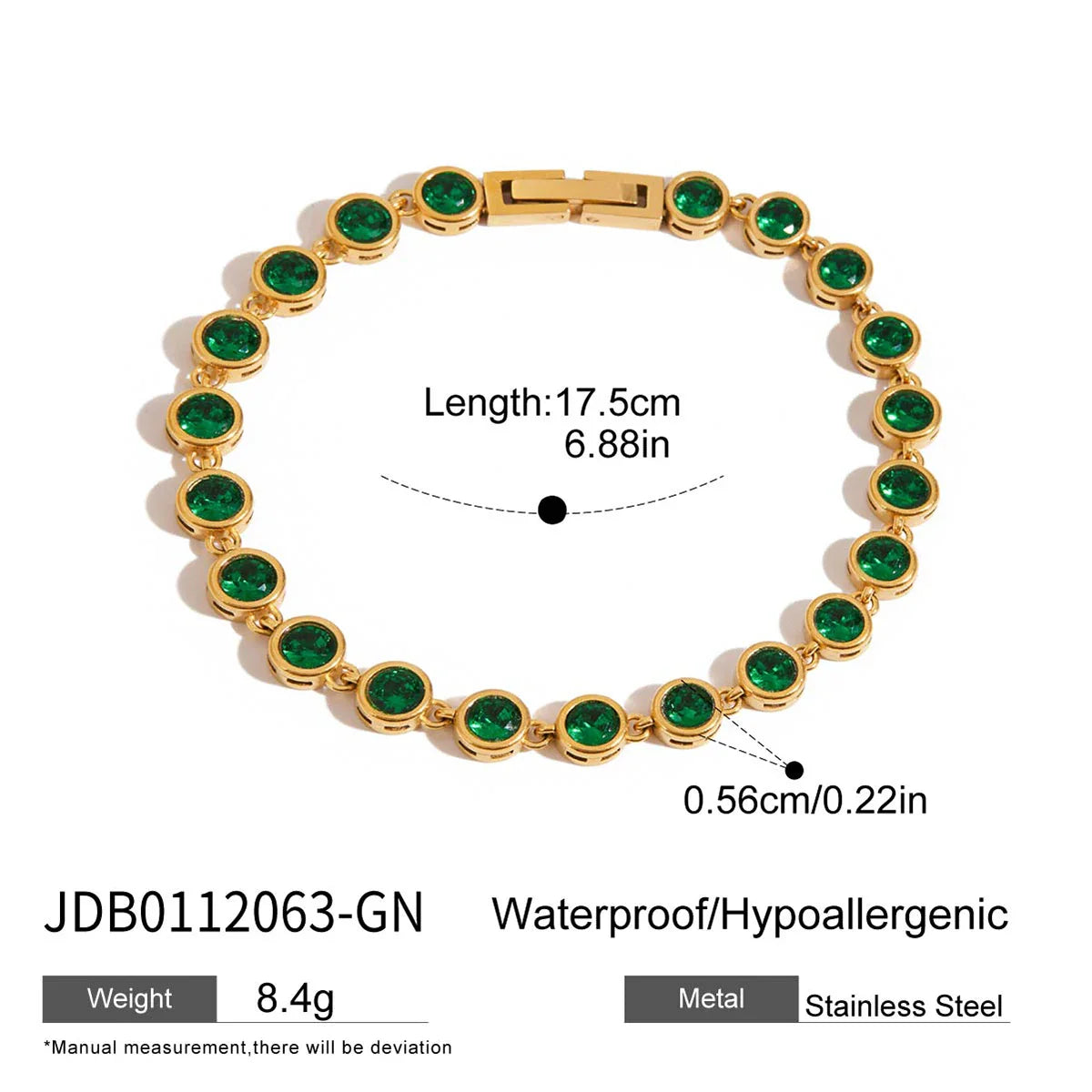 Stainless Steel Rectangular Green Zirconia Chain Bracelet - JDB0112063-GN