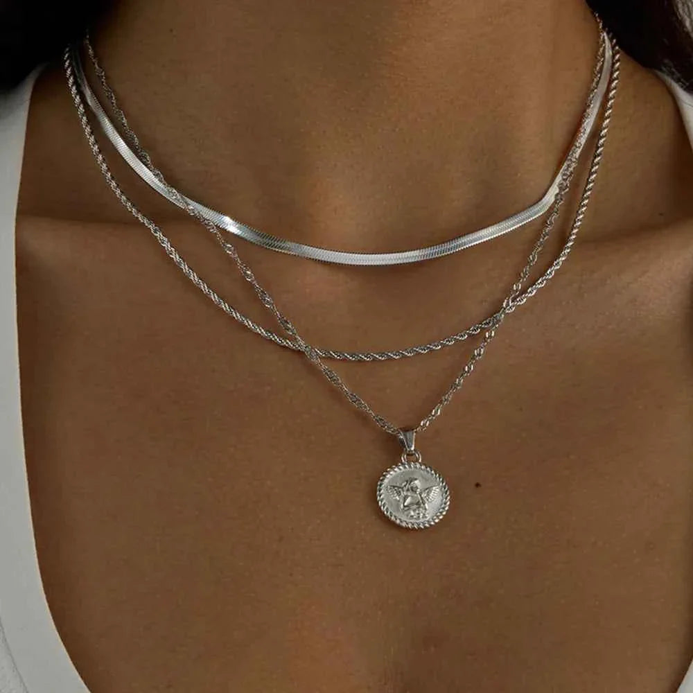 Stainless Steel Silver Color Angel Pendant Necklace