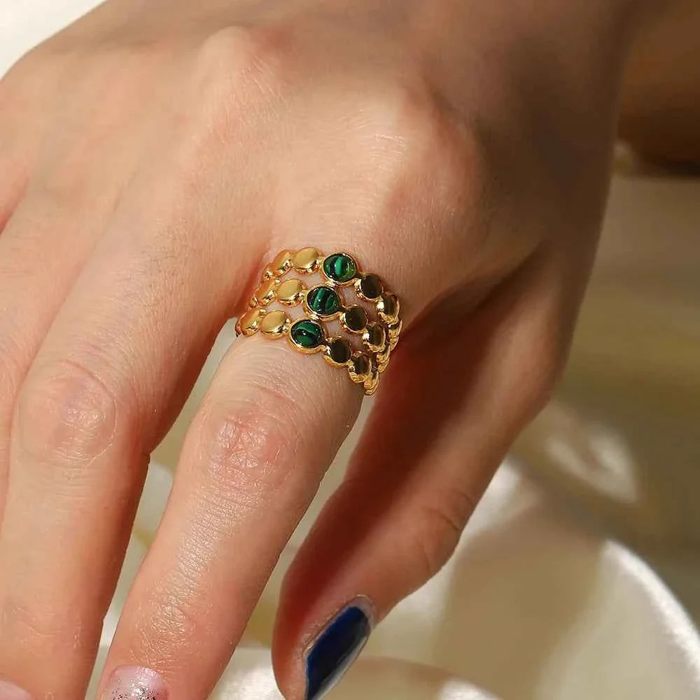 Stainless Steel Three Layer Green Malachite Opening Rings for Women
