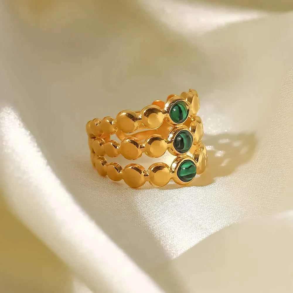 Stainless Steel Three Layer Green Malachite Opening Rings for Women