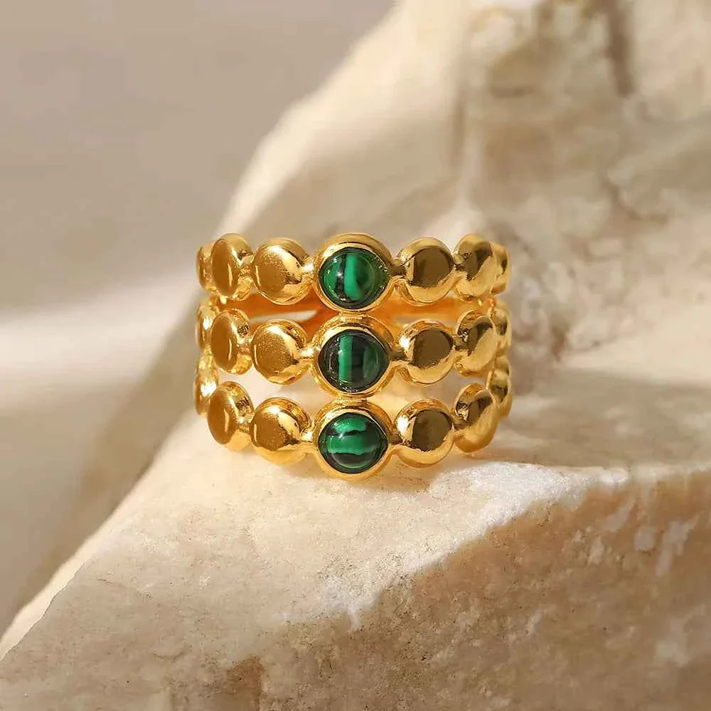 Stainless Steel Three Layer Green Malachite Opening Rings for Women