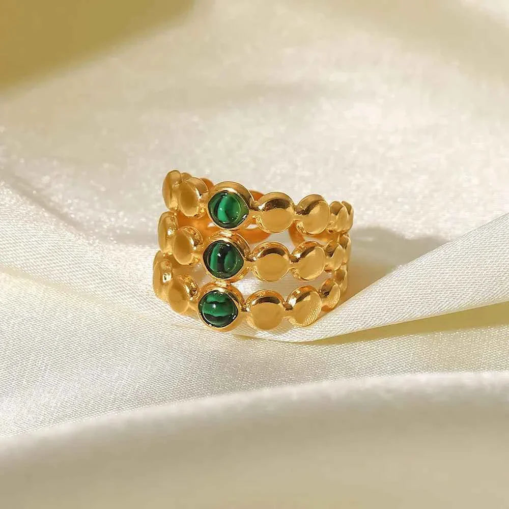 Stainless Steel Three Layer Green Malachite Opening Rings for Women