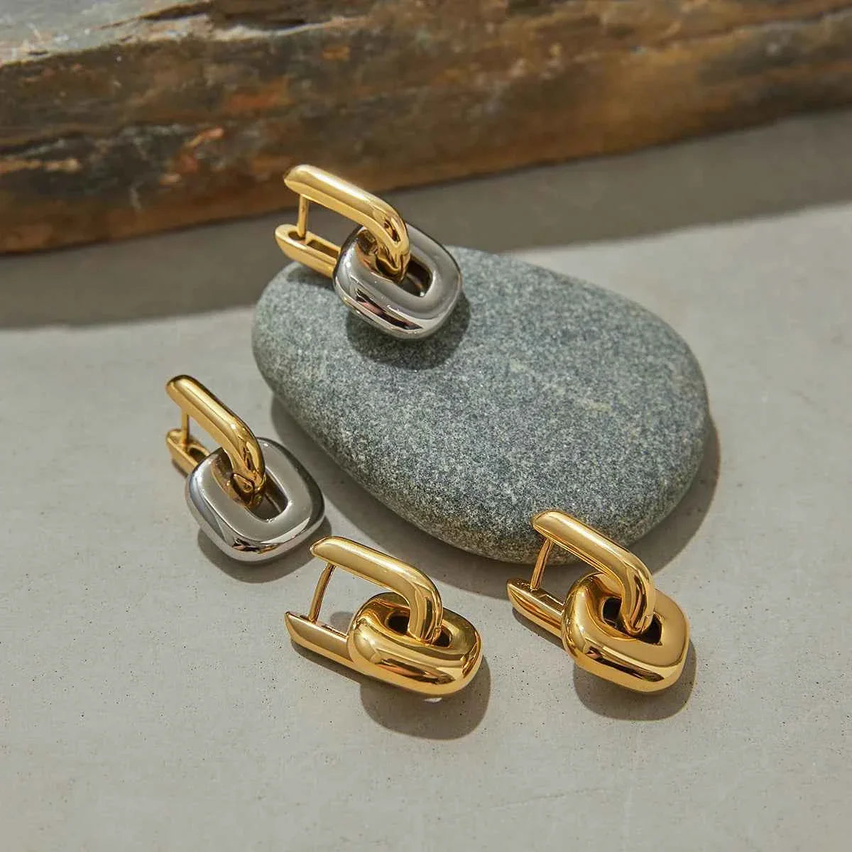 Stainless Steel Two tone Oval Splicing Earrings