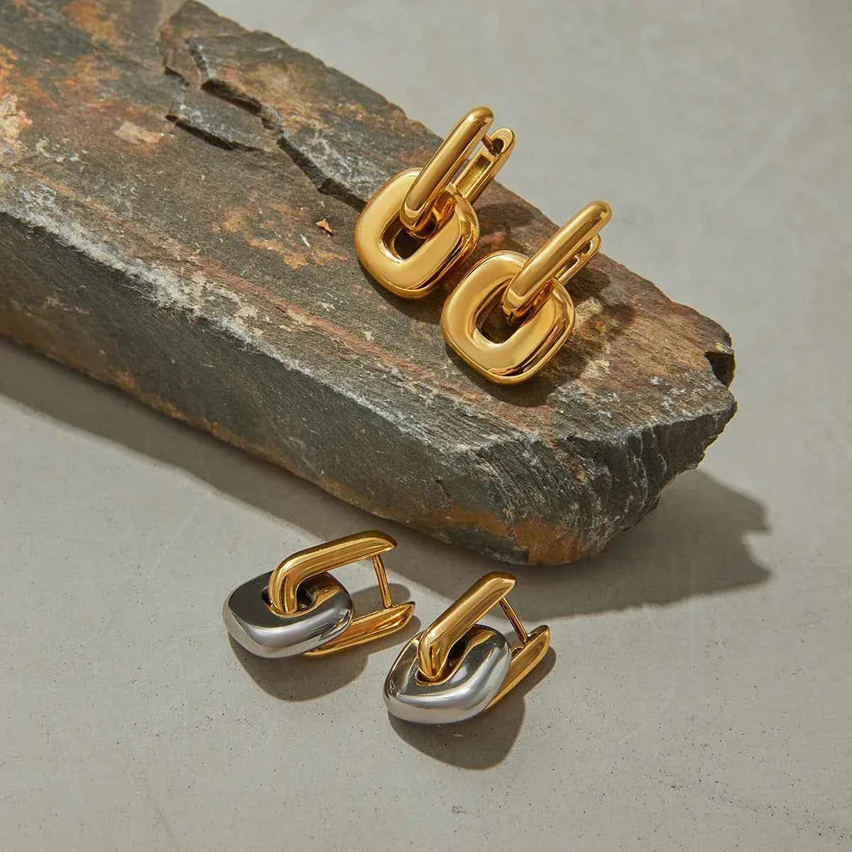 Stainless Steel Two tone Oval Splicing Earrings