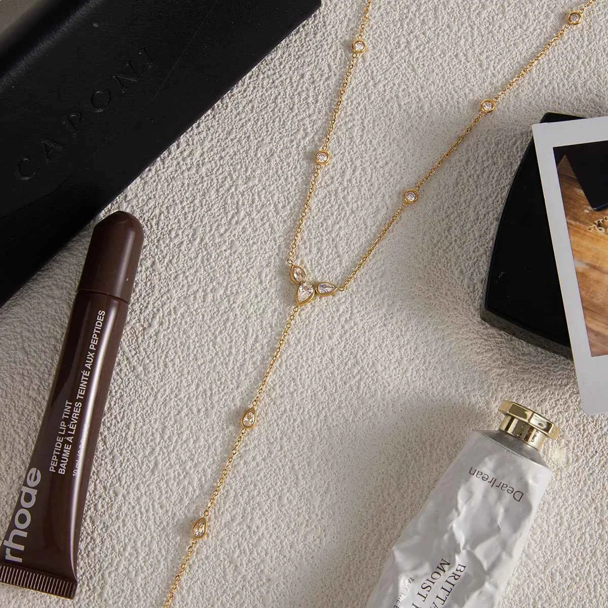 Stainless Steel Water Droplet Shaped White Zircon Y-shaped Chain