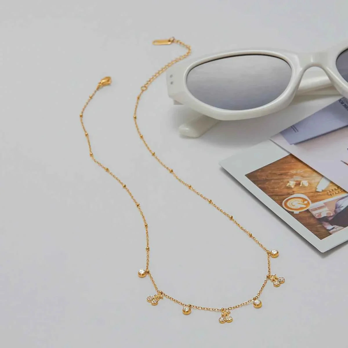 Stainless Steel White Rhinestone Cherry Pendant Necklace