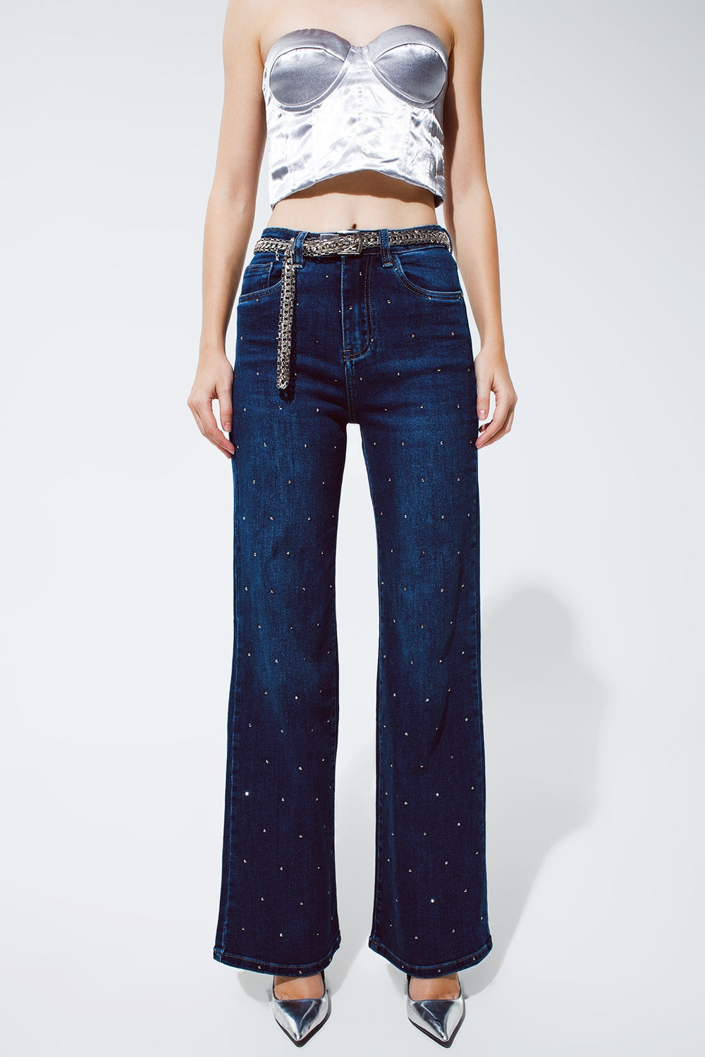 Straight Leg Jeans With Strass Detail in Blue - Norellé