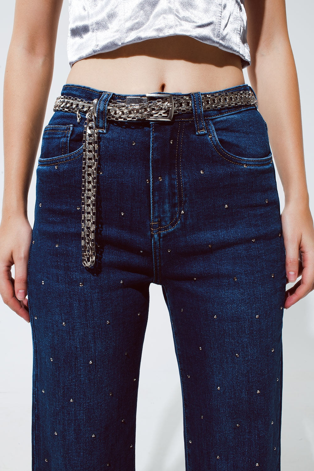 Straight Leg Jeans With Strass Detail in Blue - Norellé