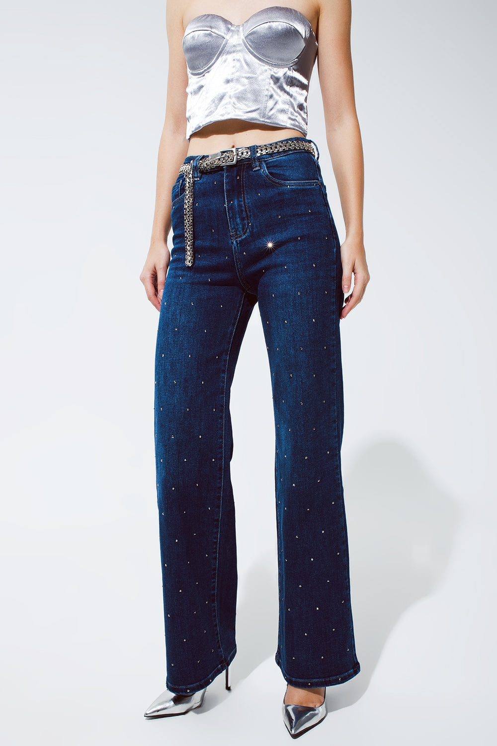 Straight Leg Jeans With Strass Detail in Blue - Norellé