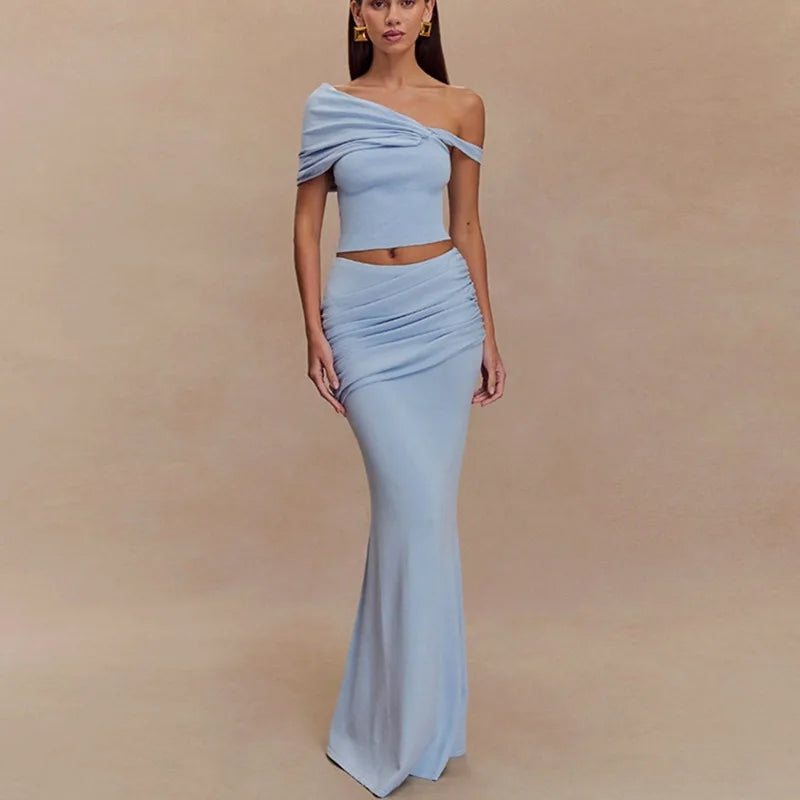 Strapless Long Dress Two Piece Fashion Elegant Solid Sleeveless Top Tight Set - Blue / S