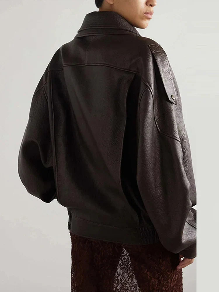 Street Lapel Zipper Leather Jacket Woman