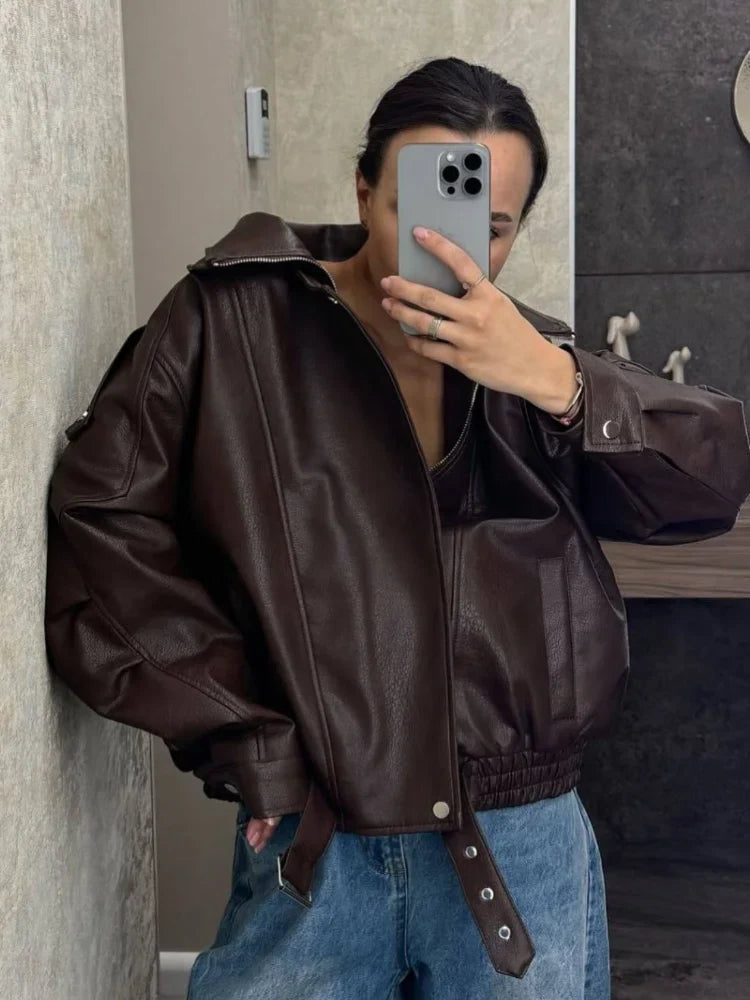 Street Lapel Zipper Leather Jacket Woman