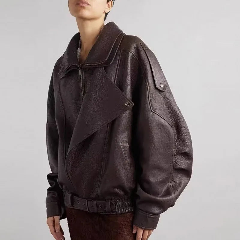 Street Lapel Zipper Leather Jacket Woman - Brown / XL