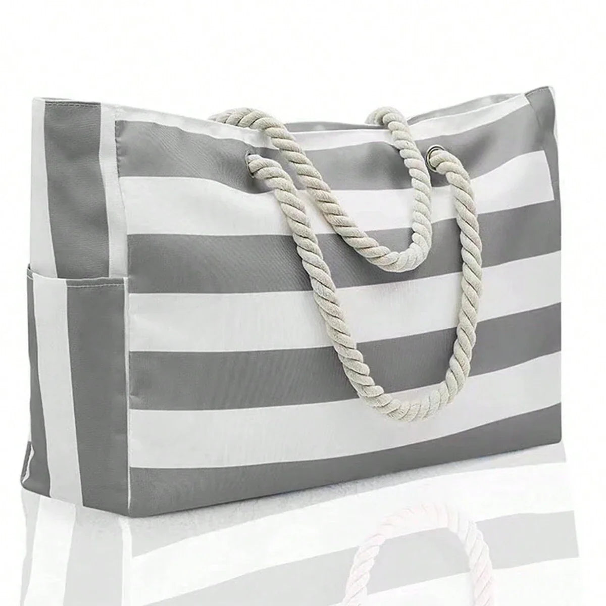 Striped Canvas Summer Beach Bag - GRAY