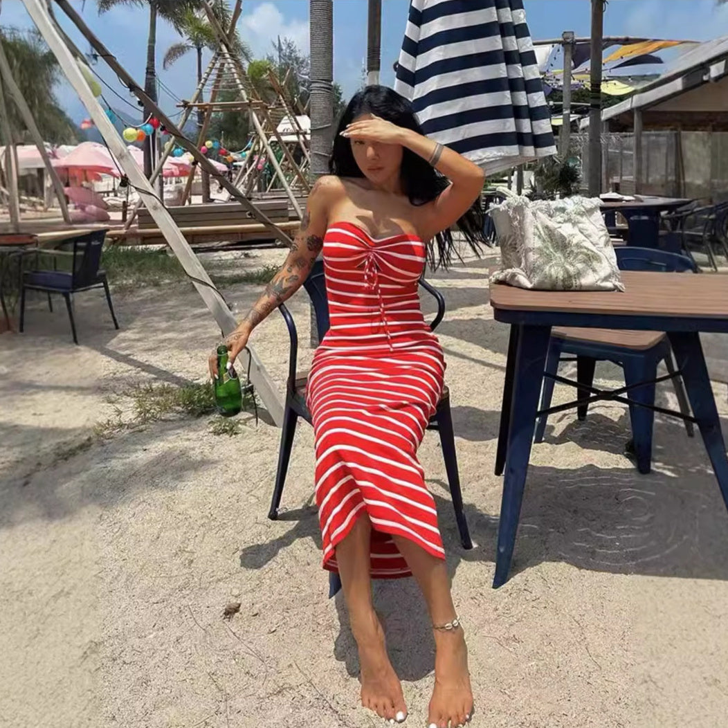 Striped Chest Wrap Hollow Pencil Dress - Other