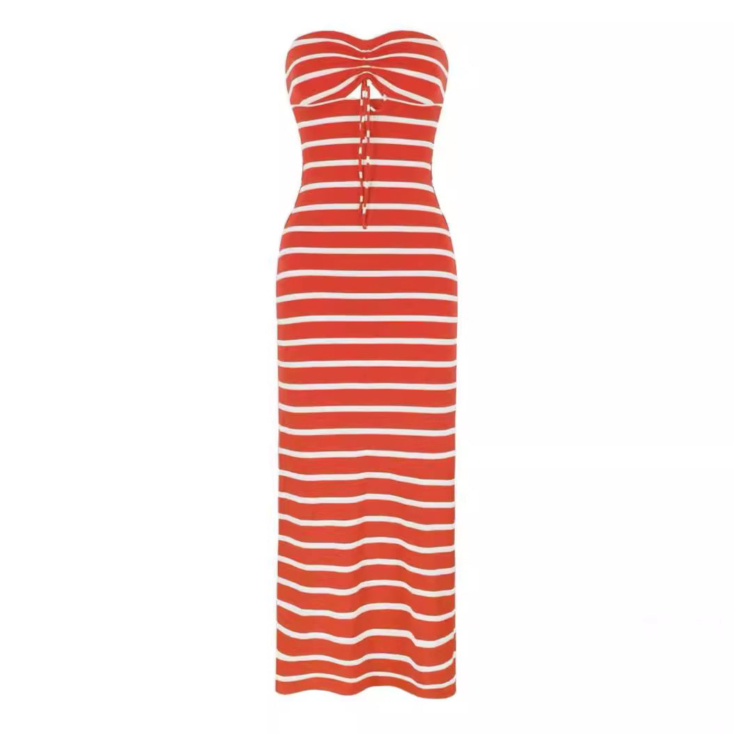 Striped Chest Wrap Hollow Pencil Dress