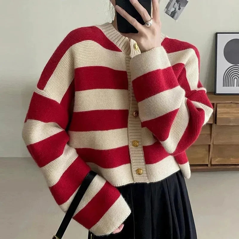Striped Knitted Cardigans Women Button Up Loose Cardigan - Other