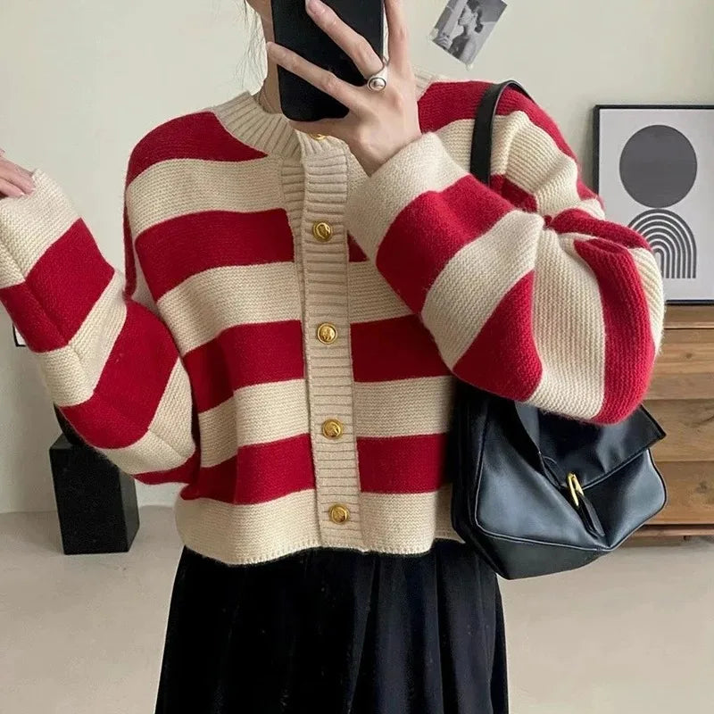 Striped Knitted Cardigans Women Button Up Loose Cardigan - Other