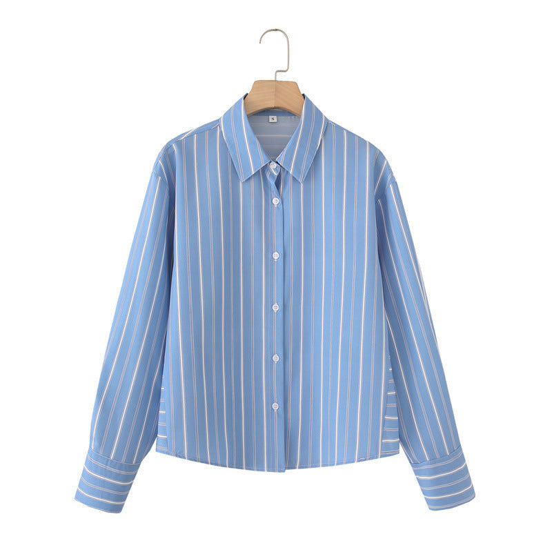 Striped Poplin Cotton Long-sleeved Lapel Shirt - Other