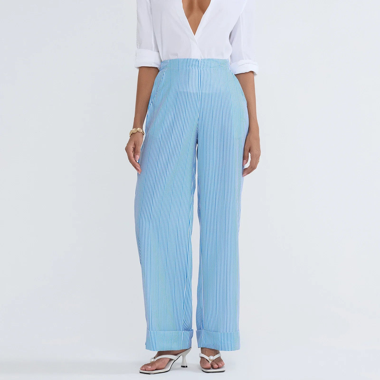 Striped Print Loose Pants Women High Waist Wide Leg Trousers