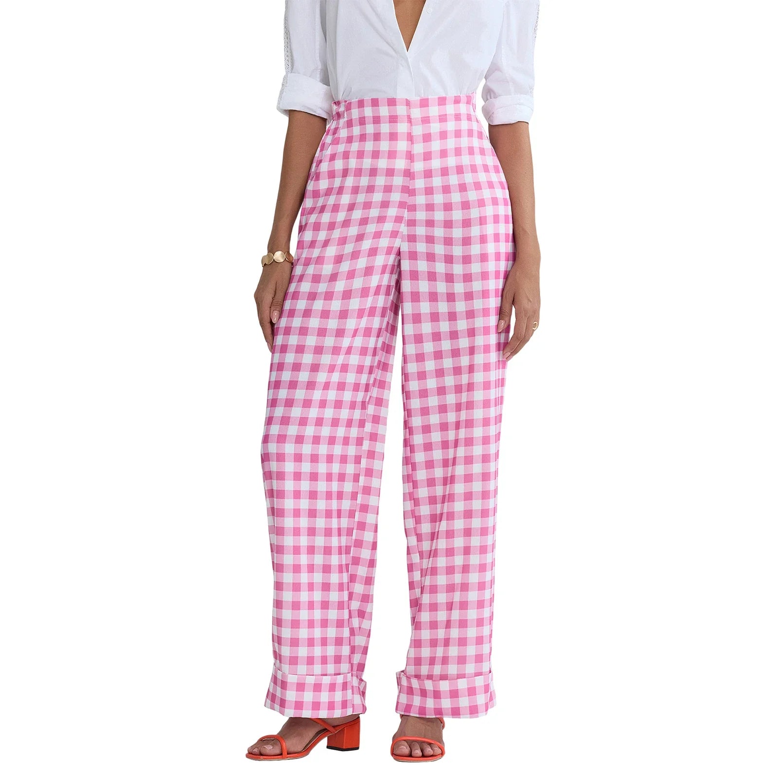 Striped Print Loose Pants Women High Waist Wide Leg Trousers - Pink / L