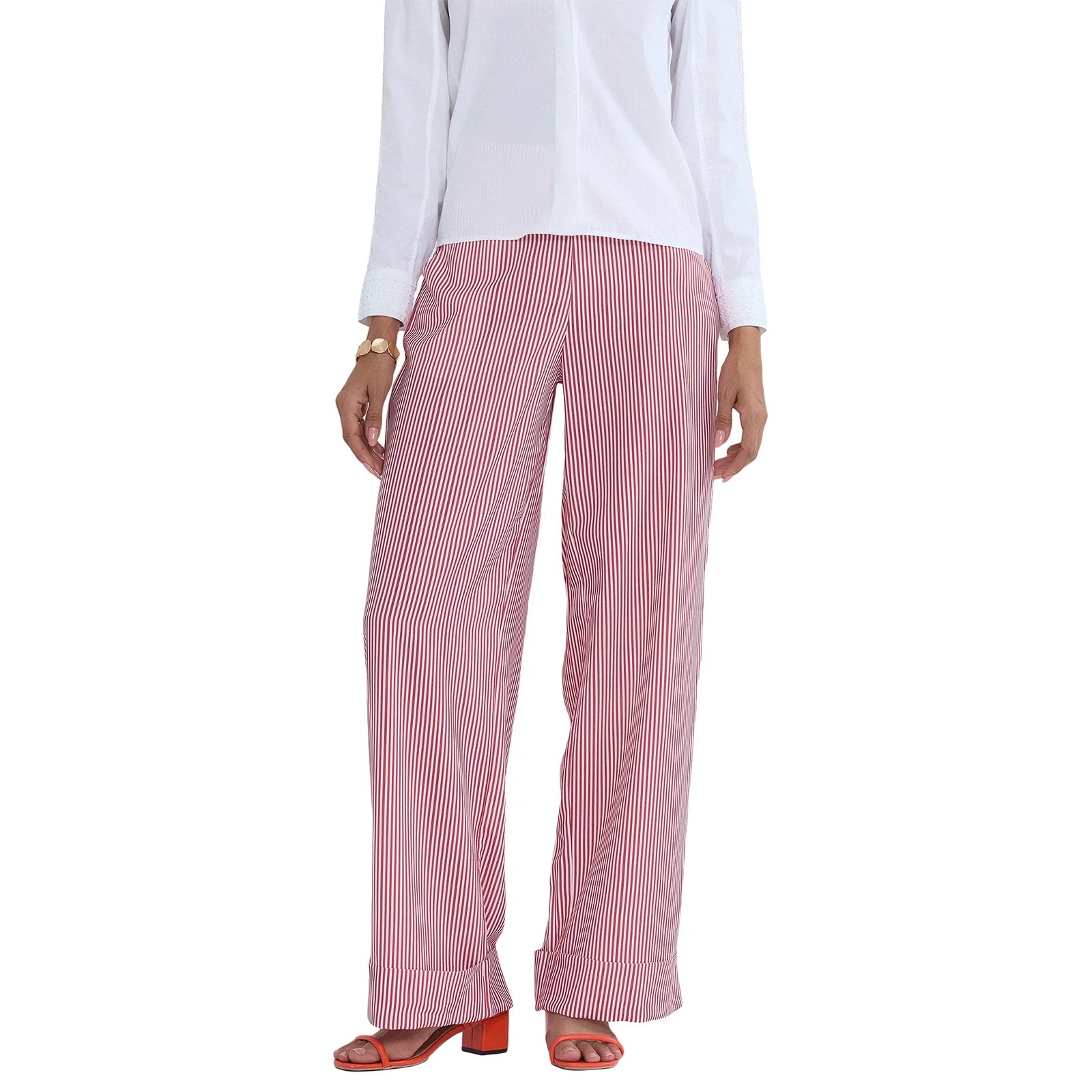 Striped Print Loose Pants Women High Waist Wide Leg Trousers - Red / L