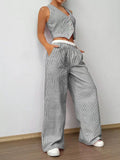 Striped Sleeveless V-Neck Vest + Waist Contrast Color Trousers Two-Piece Set