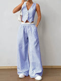 Striped Sleeveless V-Neck Vest + Waist Contrast Color Trousers Two-Piece Set - Blue / S