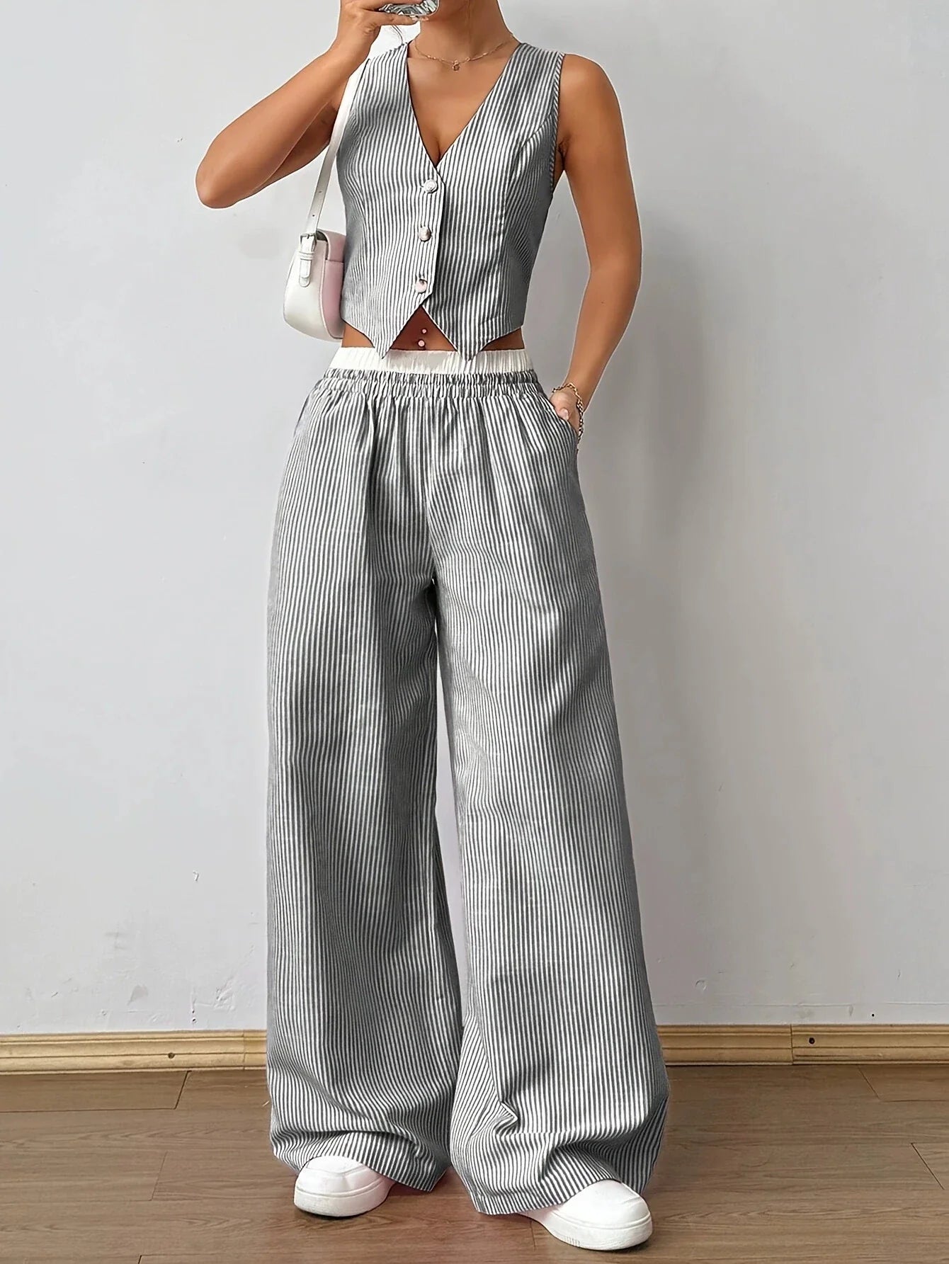 Striped Sleeveless V-Neck Vest + Waist Contrast Color Trousers Two-Piece Set - Gray / S