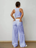 Striped Sleeveless V-Neck Vest + Waist Contrast Color Trousers Two-Piece Set