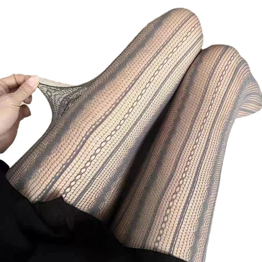 Striped Tights Women Figures Hollow-Out Lace Fishnet - Burgundy / 40-70KG / CHINA