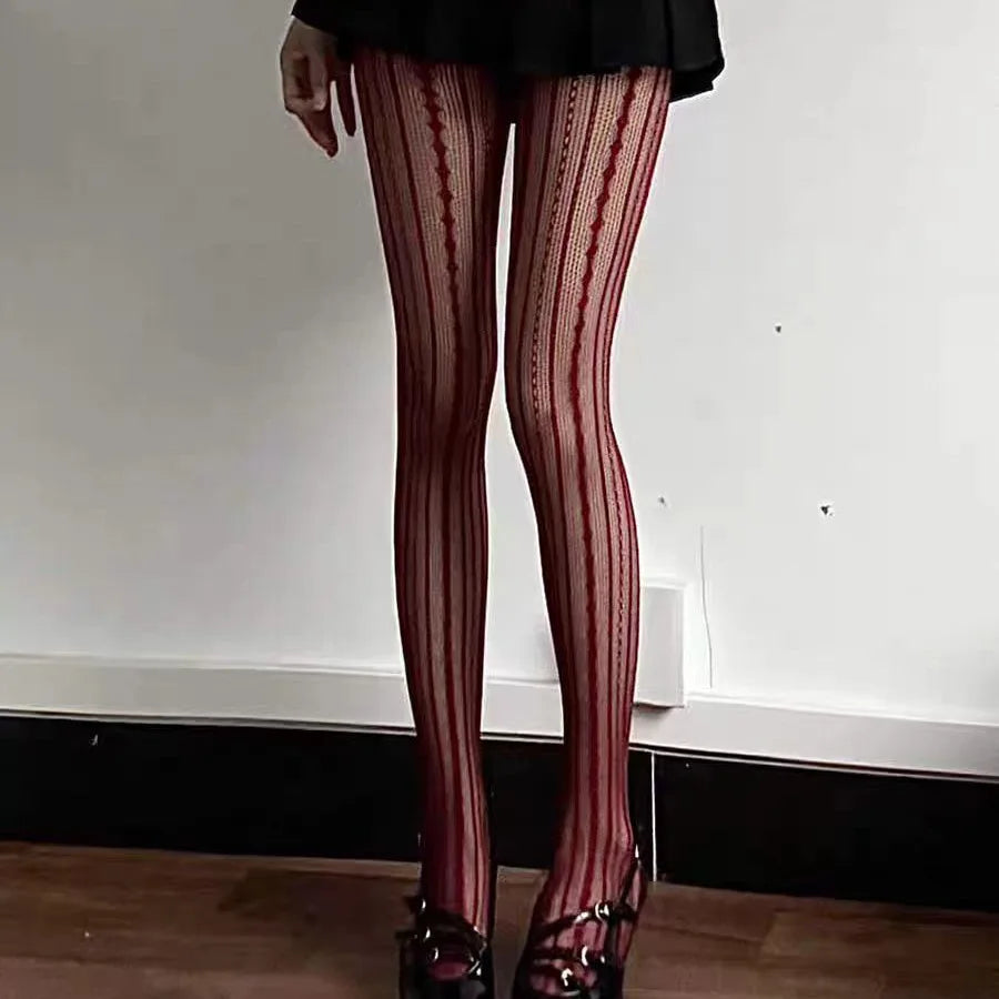 Striped Tights Women Figures Hollow-Out Lace Fishnet - Burgundy / 40-70KG / CHINA