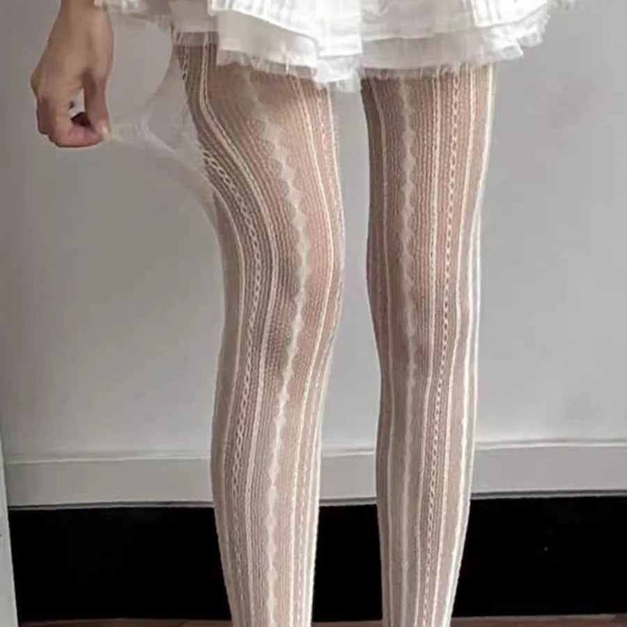 Striped Tights Women Figures Hollow-Out Lace Fishnet - WHITE / 40-70KG / CHINA