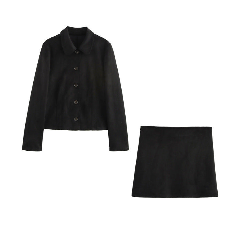 Suede Texture Effect Long Sleeve Short Jacket Casual Mid-length Dress Set - Other