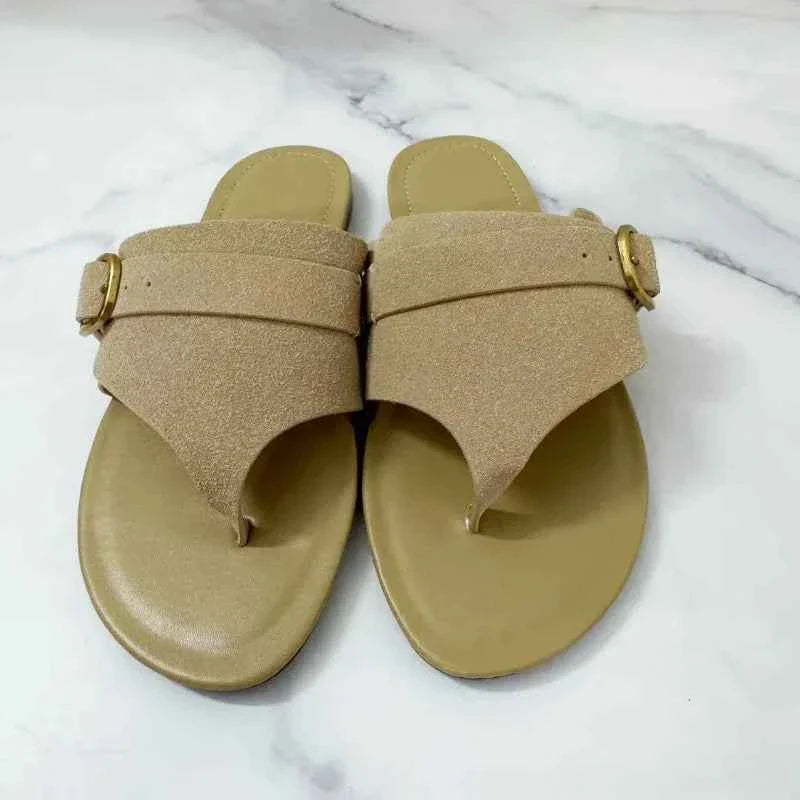 Suede Women Flip Flops Metal Buckle Belt Large Size Flat