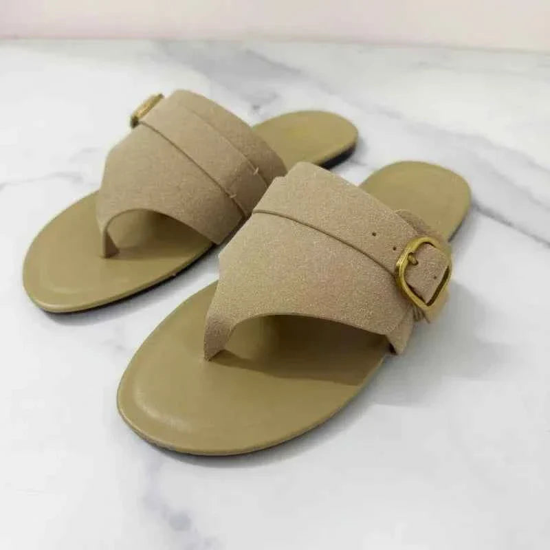 Suede Women Flip Flops Metal Buckle Belt Large Size Flat